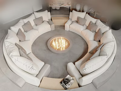 Modern Round White Sofa and Coffee Table Set With Cozy Pillows and Central Fireplace 3d model