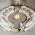 Modern Round White Sofa and Coffee Table Set With Cozy Pillows and Central Fireplace