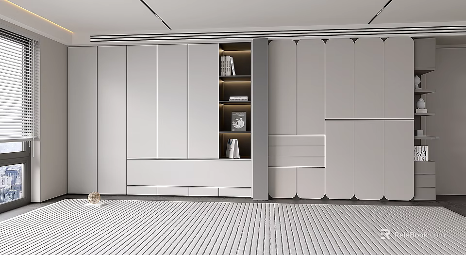 Modern White Wardrobe Interior Design With Built in Shelves And Sliding Panels 3d model 