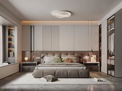 Modern Bedroom Interior With Neutral Tones Striped Headboard Wall Nightstands Table Lamps And Built-in Wardrobe 3d model