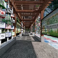 Wooden Pergola Structure With Promotional Posters In Community Plaza Near High Rise Buildings