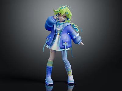 Stylish 3D Anime Character With Green Blue Hair Blue Coat White Dress And Blue Boots 3d model
