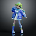 Stylish 3D Anime Character With Green Blue Hair Blue Coat White Dress And Blue Boots
