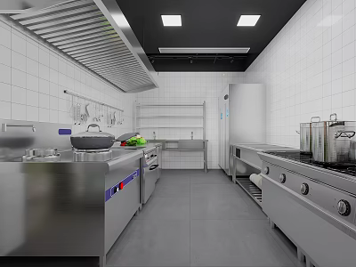 Modern Commercial Kitchen With Stainless Steel Appliances White Tiled Walls Black Ceiling And Spacious Layout 3d model