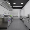 Modern Commercial Kitchen With Stainless Steel Appliances White Tiled Walls Black Ceiling And Spacious Layout