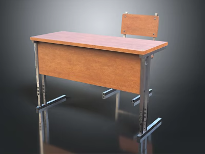 Sturdy Wooden Desk With Metal Frame And Attached Backrest Chair 3d model