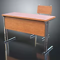 Sturdy Wooden Desk With Metal Frame And Attached Backrest Chair