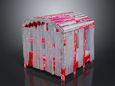 Ornate Red And Silver Double Bed With Canopy Curtains And Decorative Patterns 3d model