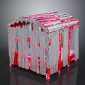 Ornate Red And Silver Double Bed With Canopy Curtains And Decorative Patterns