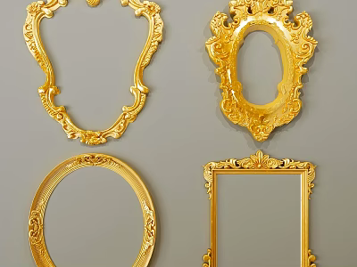 Golden Decorative Photo Frames With Ornate Carved Designs And Various Shapes 3d model