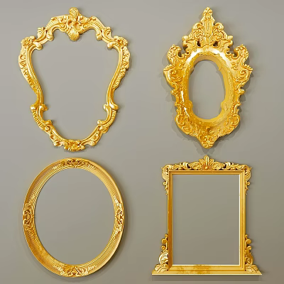 Golden Decorative Photo Frames With Ornate Carved Designs And Various Shapes 3d model