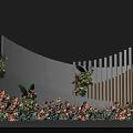 Floral Display With Orange Flowers Green Foliage Curved White Wall And Vertical Slats
