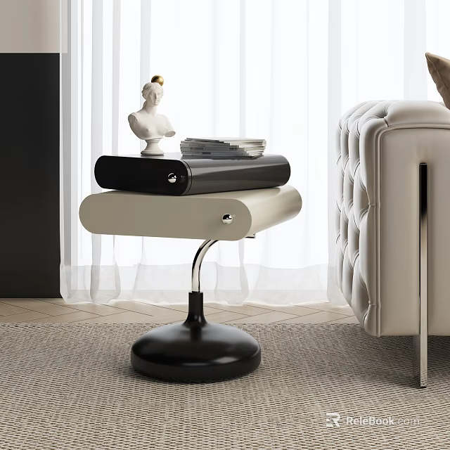 Modern Living Room Side Table With Leather Top Metal Stand And Decorative Statue Near Sofa 3d model 