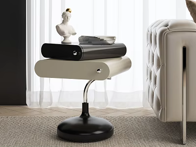 Modern Living Room Side Table With Leather Top Metal Stand And Decorative Statue Near Sofa 3d model