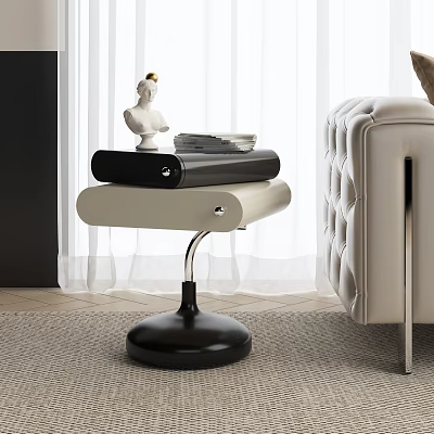 Modern Living Room Side Table With Leather Top Metal Stand And Decorative Statue Near Sofa 3d model