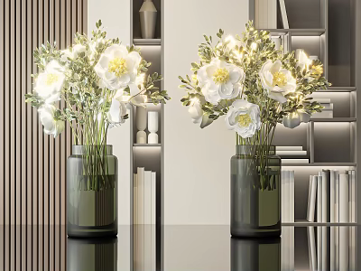 Modern Interior With Two Dark Vases Holding White Flowers And Bookshelf Background 3d model