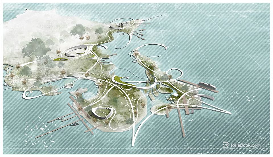Modern Landscape Architecture Design With Curved Paths And Green Spaces 3d model 