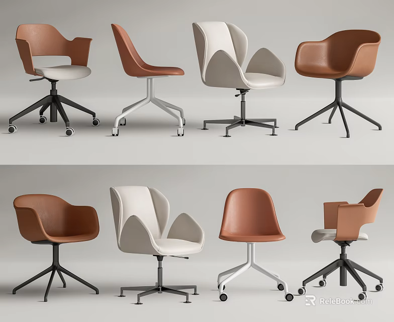 Modern Office Chairs In Brown And White With Metal Bases And Various Designs For Workspace 3d model 