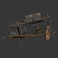 Damaged Industrial Scene Structure With Rusted Metal Platforms Debris And Rock Base