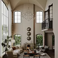 Elegant Modern Living Room With Crystal Chandelier Fireplace Round Mirrors Green Plants And Large Windows