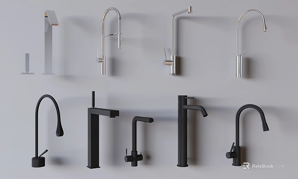 Various Modern Faucets With Different Designs And Stylish Metallic Finishes On 3d model 