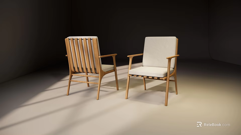 Modern Single Armchair with Wooden Frame and Beige Fabric Seat 3d model 