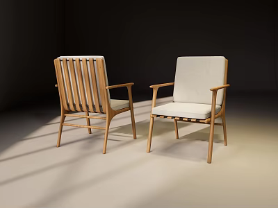 Modern Single Armchair with Wooden Frame and Beige Fabric Seat 3d model