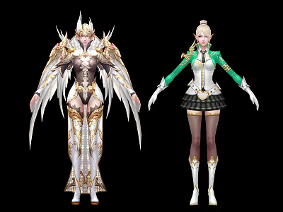 Game and Movie Characters With Gorgeous Costumes Wings Green Coat And Short Skirt 3d model