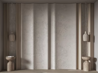 Decorative Wavy Panel Wall With Ceramic Vases And Wooden Base Accents 3d model