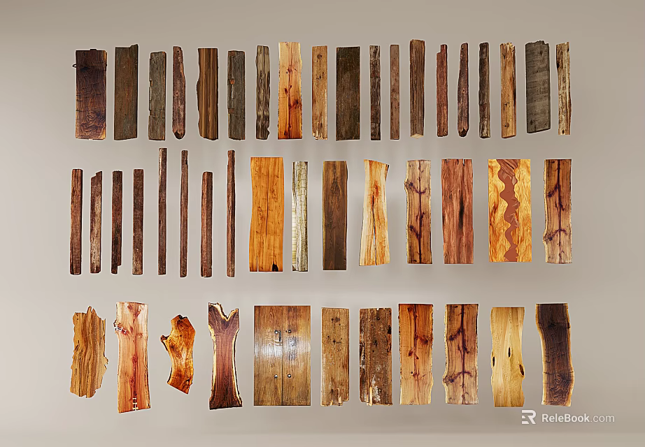Stone Wood Wooden Pieces Displayed On Wall With Various Shapes Colors Arranged In Three Rows 3d model 