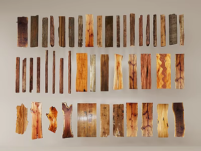 Stone Wood Wooden Pieces Displayed On Wall With Various Shapes Colors Arranged In Three Rows 3d model