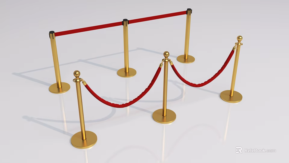 Golden Stanchions With Red Velvet Ropes For Event Crowd Control Setup 3d model 