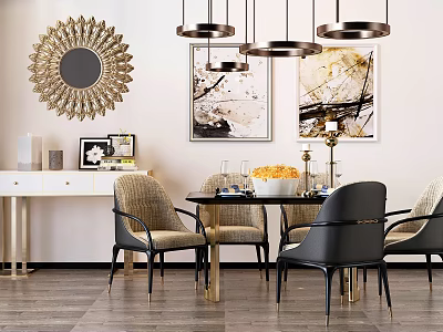 Modern Dining Table Set With Black Beige Chairs Gold Sunburst Mirror Abstract Paintings And Pendant Lights 3d model