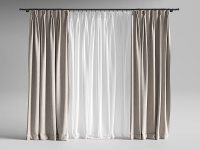 Beige Thick Curtains With White Sheer Panels And Curtain Rod For Home Decor 3d model