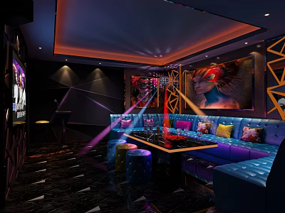 KTV Private Room Interior With Blue Leather Sofas Colorful Cushions Neon Lights And Geometric Design 3d model