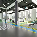 Modern Car Dealership Showroom With Multiple Cars Display Screens And Tables Chairs