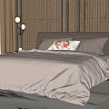 Modern Double Bed Interior With Wooden Background Wall Beige Bedding And Bedside Lamp