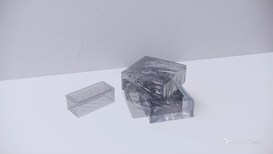 Minimalist Gray Wall with Stacked Transparent Plastic Storage Boxes in Interior 3d model 