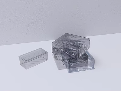 Minimalist Gray Wall with Stacked Transparent Plastic Storage Boxes in Interior 3d model