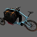 Blue Three Wheeled Cargo Bicycle With Black Bags And Orange Straps