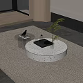 Round White Speckled Coffee Table On Beige Rug With Tray Green Plant In Modern Interior