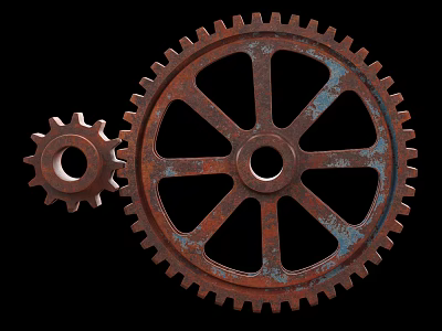 Rustic Metal Hardware Tools Gears Large And Small On Black Background Vintage Design 3d model