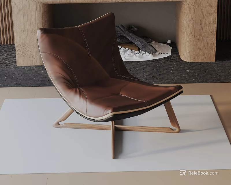 Modern Brown Leather Leisure Chair With Wooden Frame In Minimalist Interior Setting 3d model 
