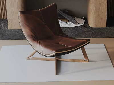 Modern Brown Leather Leisure Chair With Wooden Frame In Minimalist Interior Setting 3d model