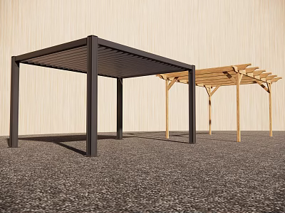Black Metal And Wooden Outdoor Pergola Structures With Modern Design 3d model