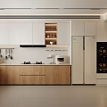 Modern Open Concept Kitchen Interior With White And Wooden Cabinets And Appliances