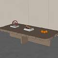 Natural Wooden Coffee Table with Irregular Edge Featuring Red Arched Decor Small Object and Oranges 3d model