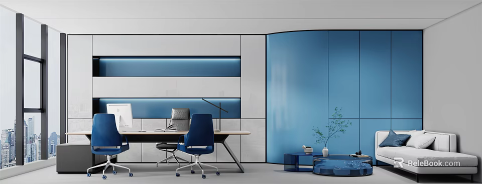 Modern Office Interior Design With Blue Walls Desk Chair And Potted Plant 3d model 