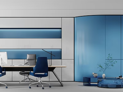 Modern Office Interior Design With Blue Walls Desk Chair And Potted Plant 3d model
