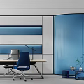 Modern Office Interior Design With Blue Walls Desk Chair And Potted Plant